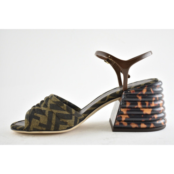 Fendi Dark Brown FF Motif Logo Ankle Strap Sandal Peep Toe Block Heel Pump 36 - Picture 3 of 8